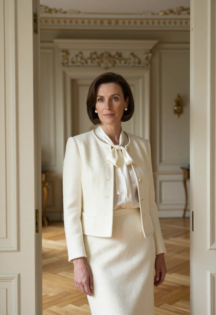 AI fashion editor couture week ivory sample — portrait of a woman, half-length portrait of a British woman
