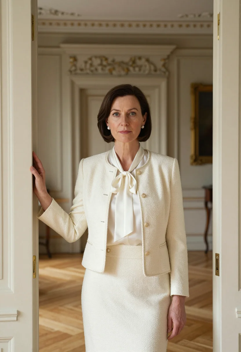 AI fashion editor couture week ivory sample — portrait of a woman, chest-up portrait of a British woman in