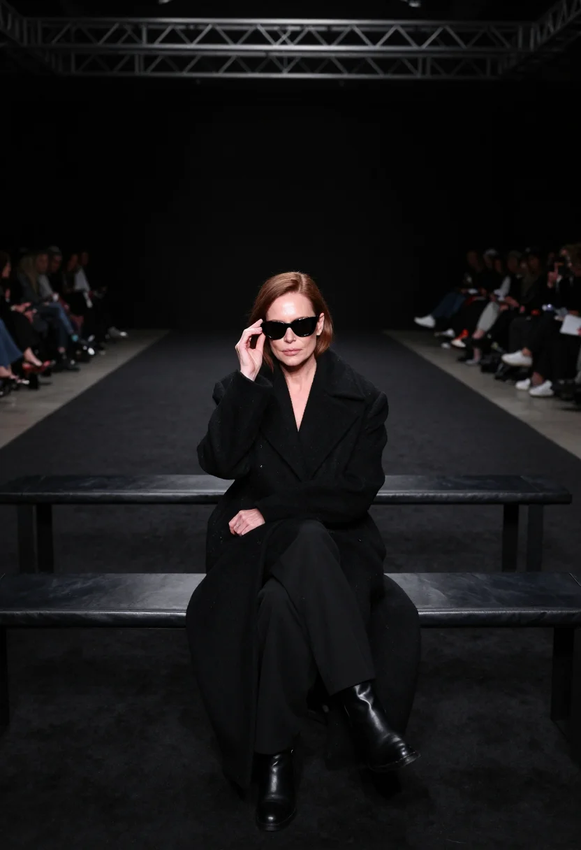 AI fashion week front row black sample — portrait of a woman, framed wide from the runway's far end,