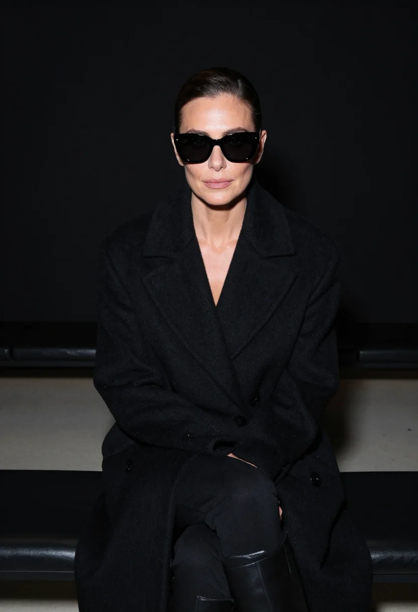 AI fashion week front row black sample — portrait of a woman, framed tight, head and shoulders, the b
