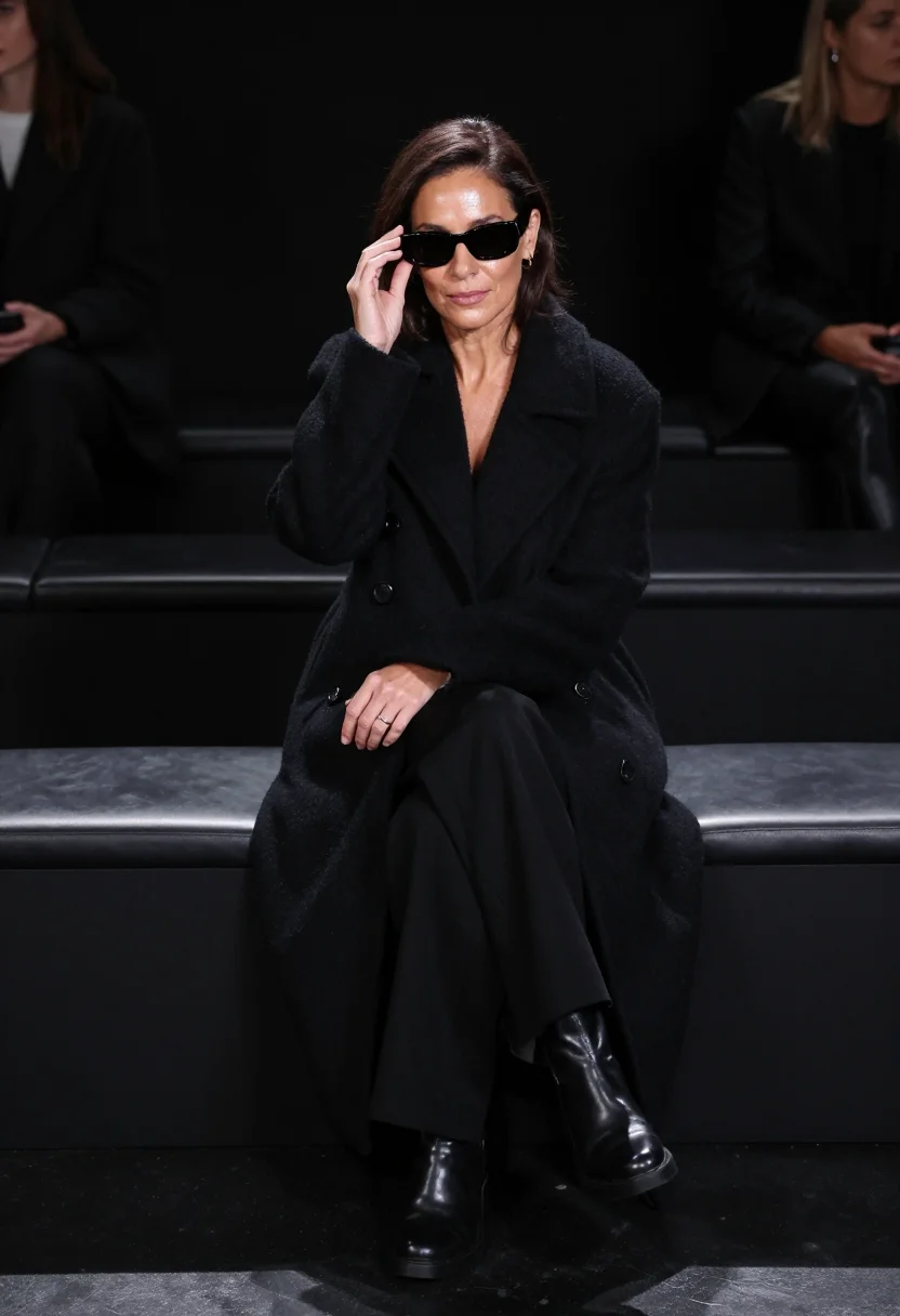 AI fashion week front row black sample — portrait of a woman, framed three-quarter length from the he