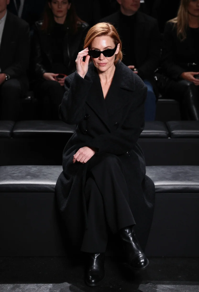 AI fashion week front row black sample — portrait of a woman, framed tight, head and shoulders, the b