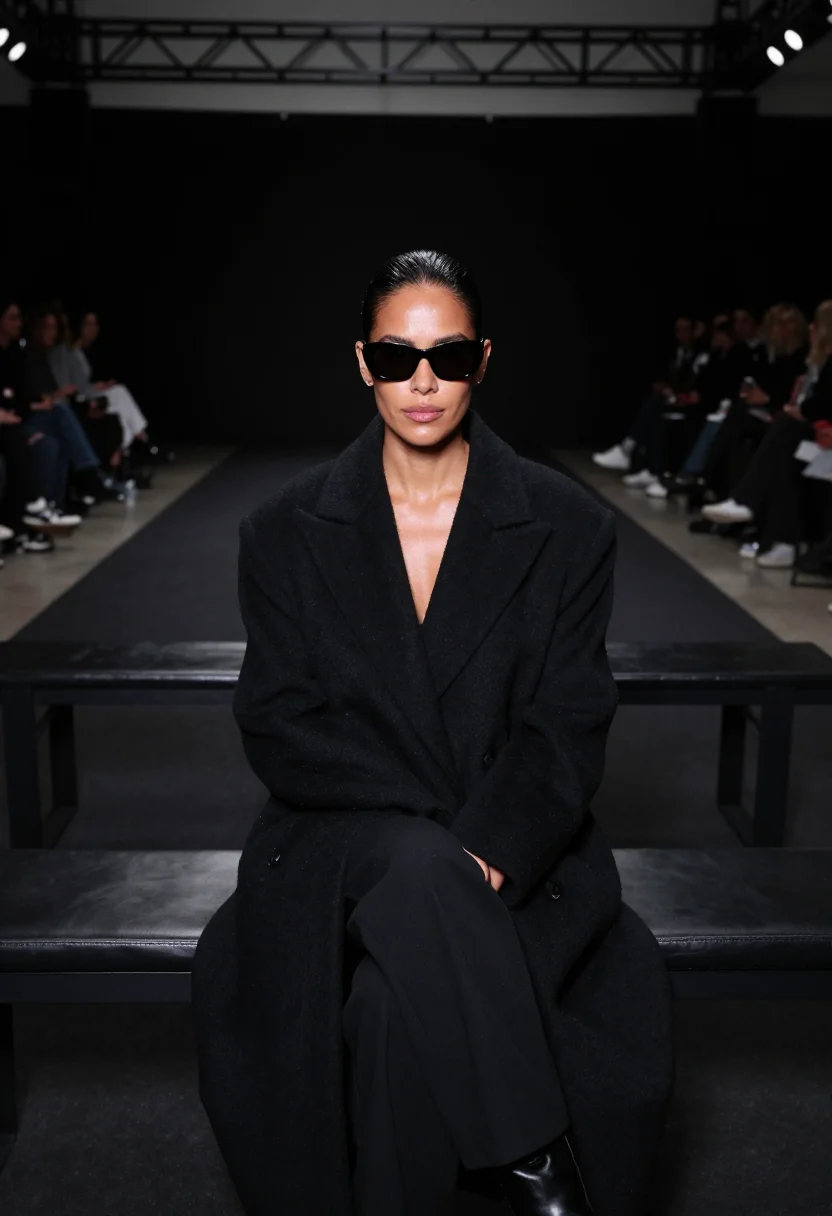 AI fashion week front row black sample — portrait of a woman, framed chest-up, cropped at the ribs, t