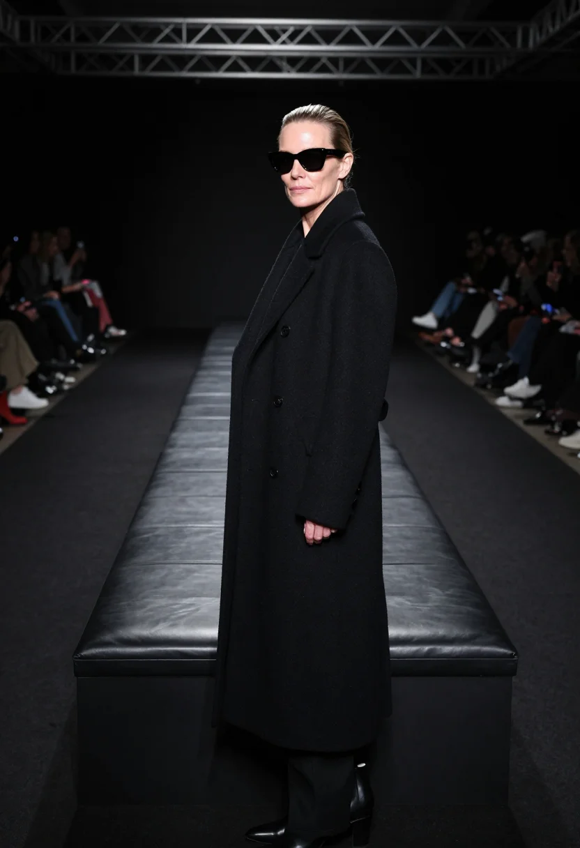 AI fashion week front row black sample — portrait of a woman, framed tight, head and shoulders, the b