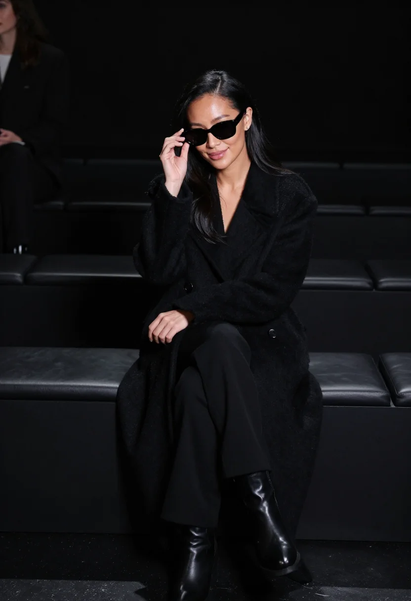 AI fashion week front row black sample — portrait of a woman, framed chest-up, cropped at the ribs, t