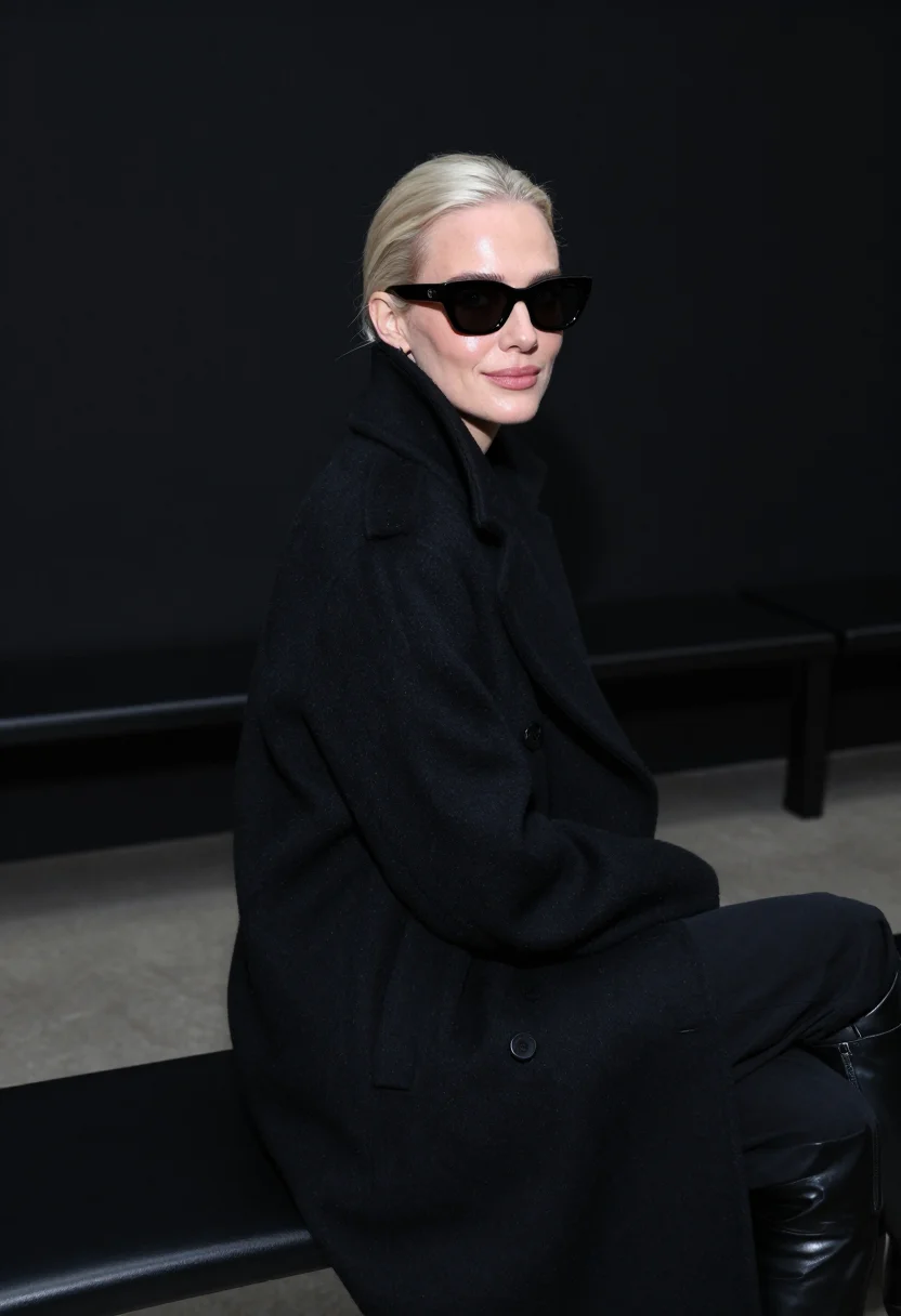 AI fashion week front row black sample — portrait of a woman, framed chest-up, cropped at the ribs, t