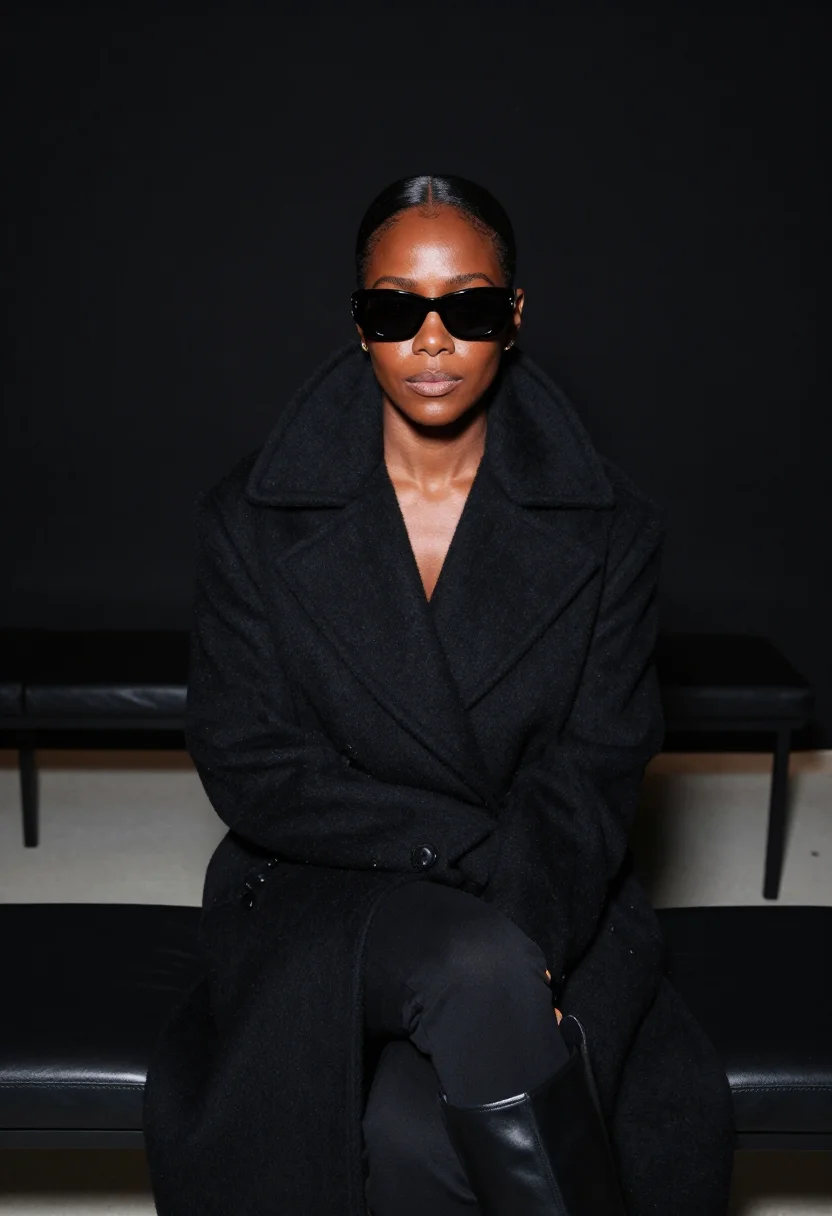 AI fashion week front row black sample — portrait of a woman, framed tight from slightly above, head