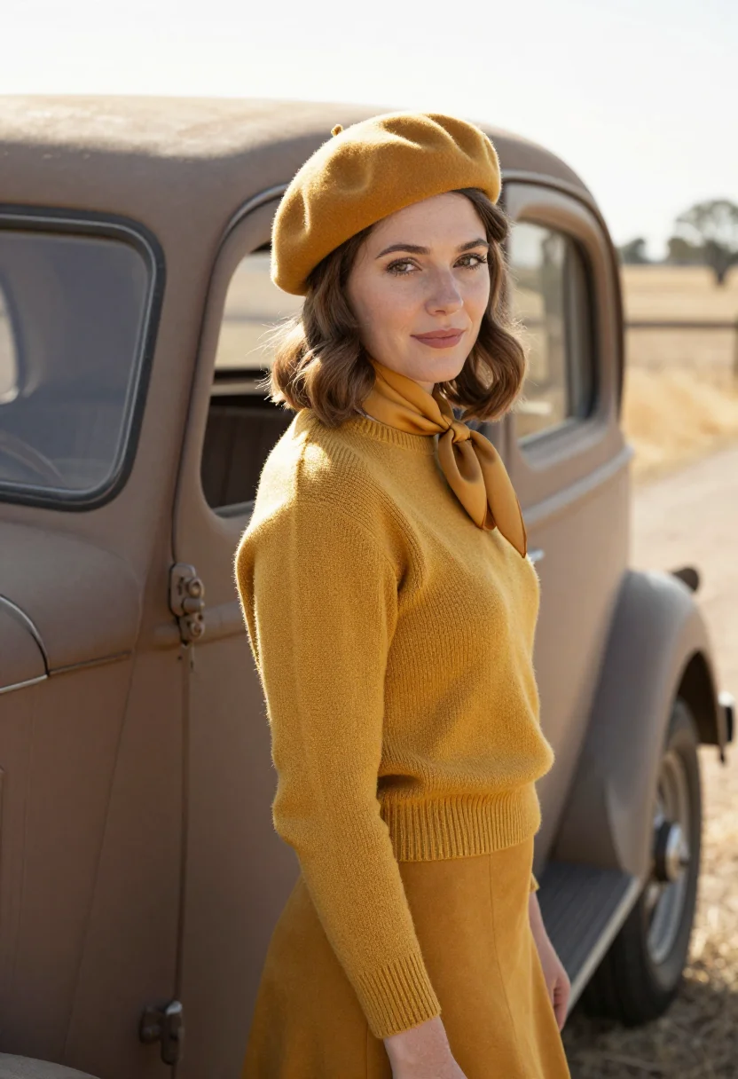 AI faye dunaway bonnie beret mustard sample — portrait of a woman, a French woman in her mid-thirties with