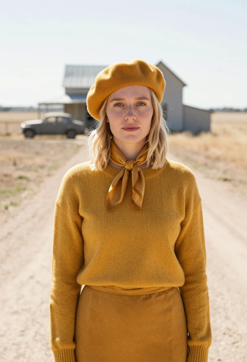 AI faye dunaway bonnie beret mustard sample — portrait of a woman, a Swedish woman in her early twenties w