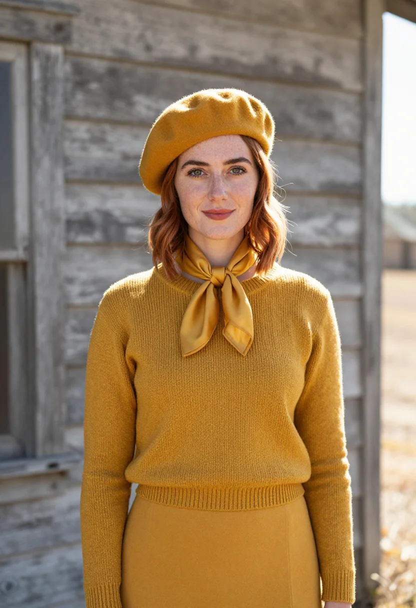 AI faye dunaway bonnie beret mustard sample — portrait of a woman, an Irish-American woman in her late twe