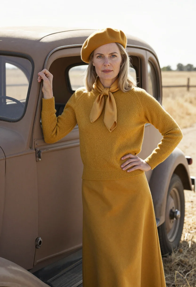 AI faye dunaway bonnie beret mustard sample — portrait of a woman, a German woman in her early forties wit