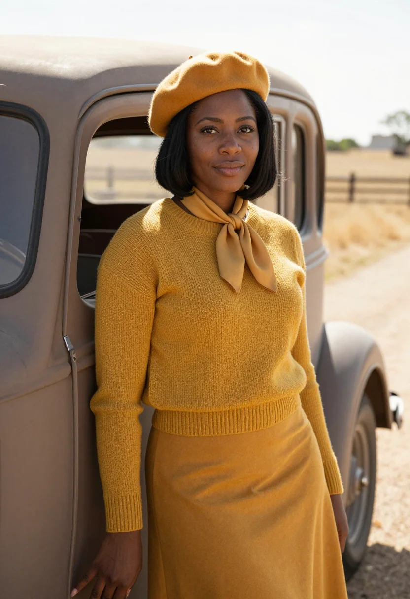 AI faye dunaway bonnie beret mustard sample — portrait of a woman, an African-American woman in her late t