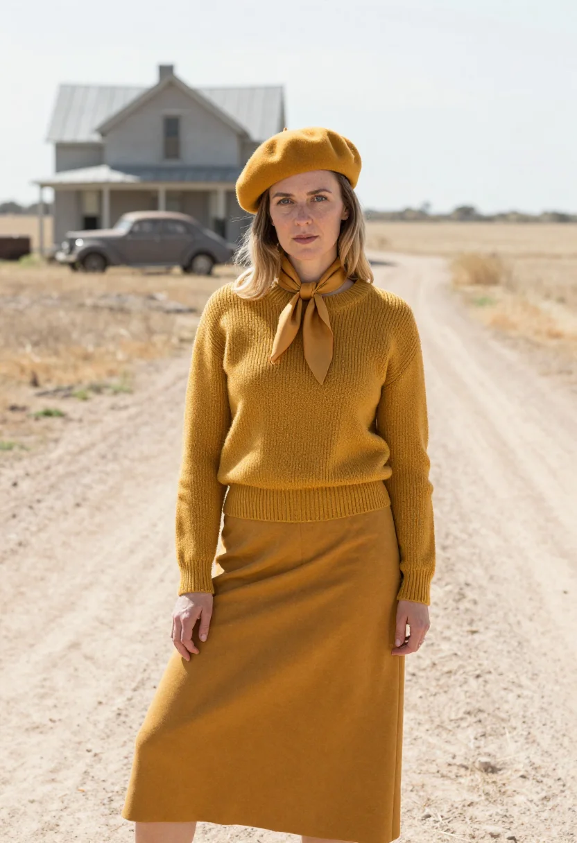 AI faye dunaway bonnie beret mustard sample — portrait of a woman, a Polish woman in her early forties wit