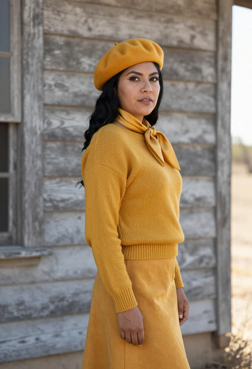 AI faye dunaway bonnie beret mustard sample — portrait of a woman, a Mexican-American woman in her early t
