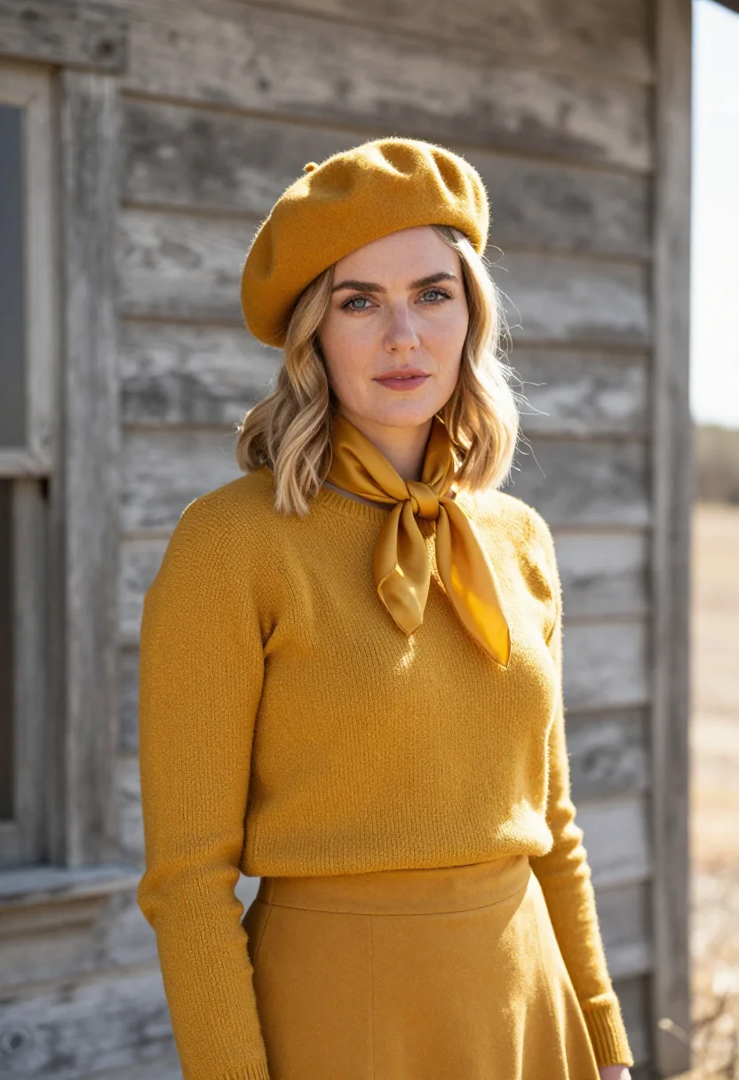 AI faye dunaway bonnie beret mustard sample — portrait of a woman, an American woman in her mid-twenties w