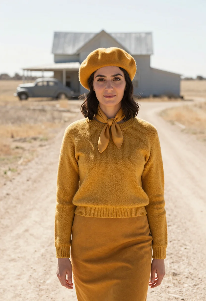 AI faye dunaway bonnie beret mustard sample — portrait of a woman, an Italian woman in her mid-thirties wi