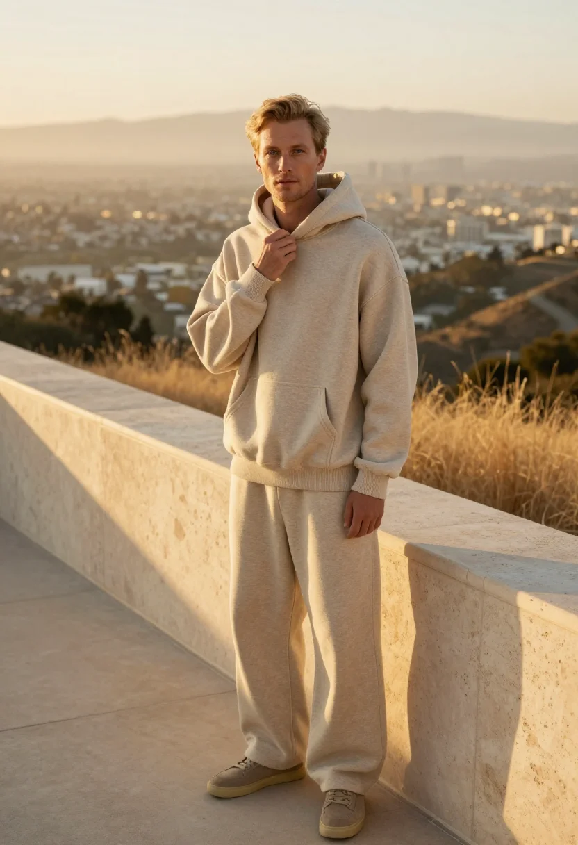 AI fear of god los angeles essentials oatmeal men sample — portrait of a man, a Swedish-American man in his mid-thirtie