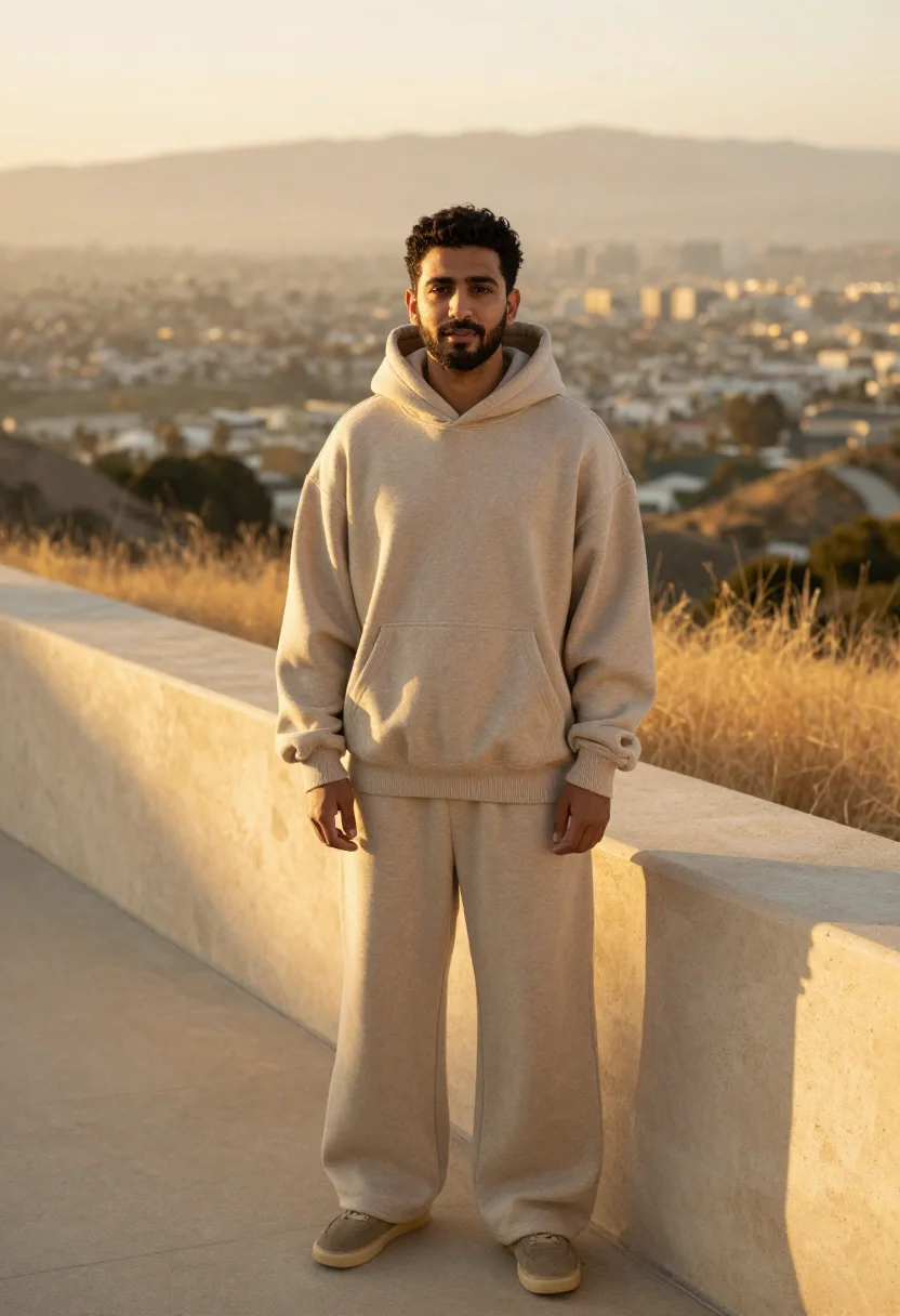 AI fear of god los angeles essentials oatmeal men sample — portrait of a man, a Persian-American man in his late twenti