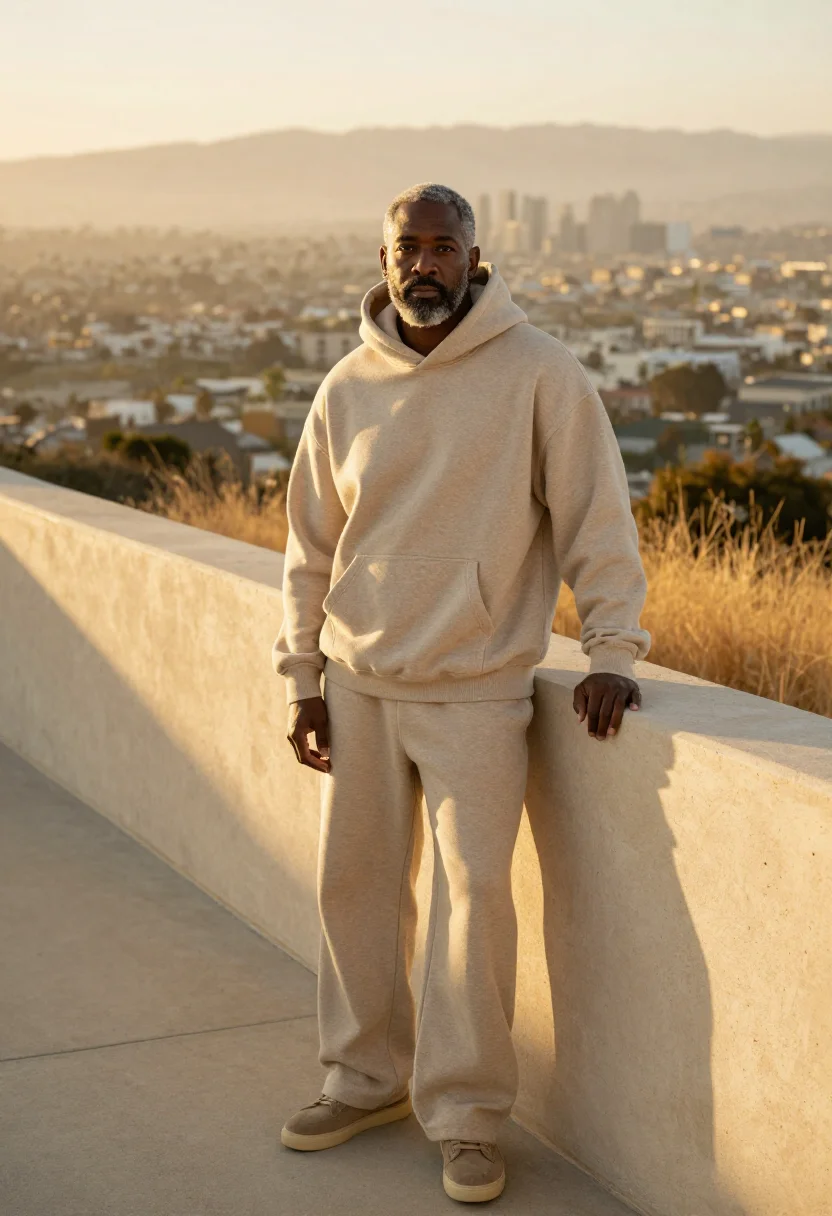 AI fear of god los angeles essentials oatmeal men sample — portrait of a man, a Black American man from Los Angeles in