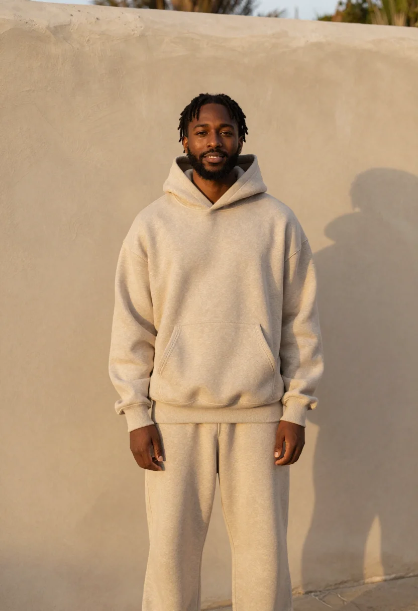 AI fear of god los angeles essentials oatmeal men sample — portrait of a man, a Black American man from Los Angeles in
