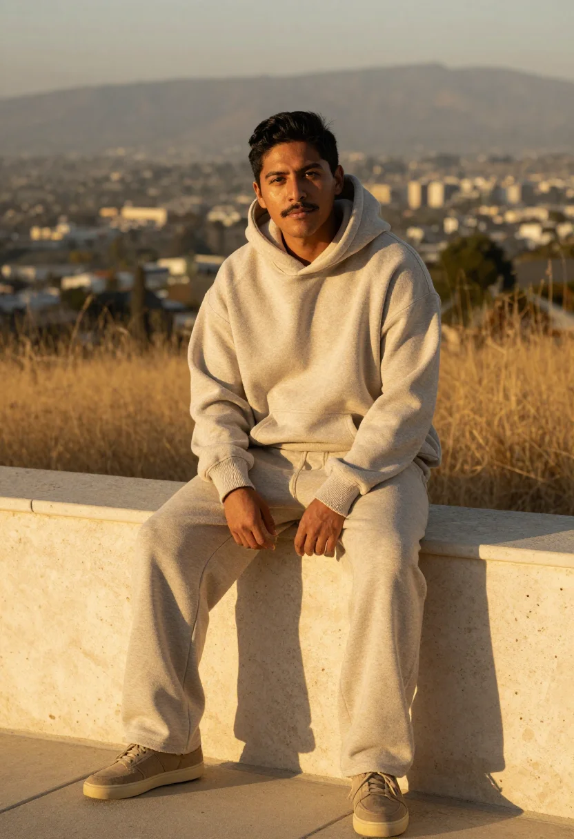 AI fear of god los angeles essentials oatmeal men sample — portrait of a man, a Mexican-American man in his early thirt