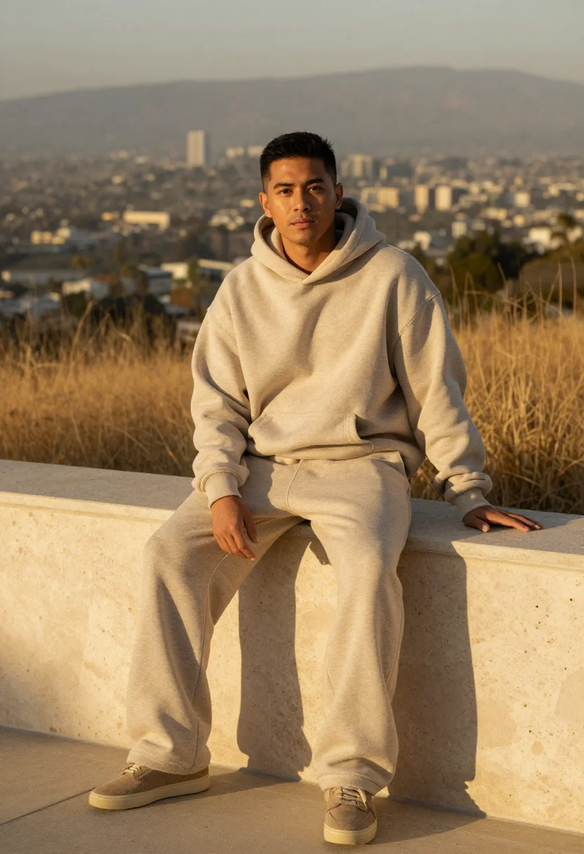 AI fear of god los angeles essentials oatmeal men sample — portrait of a man, a Filipino-American man in his early thir