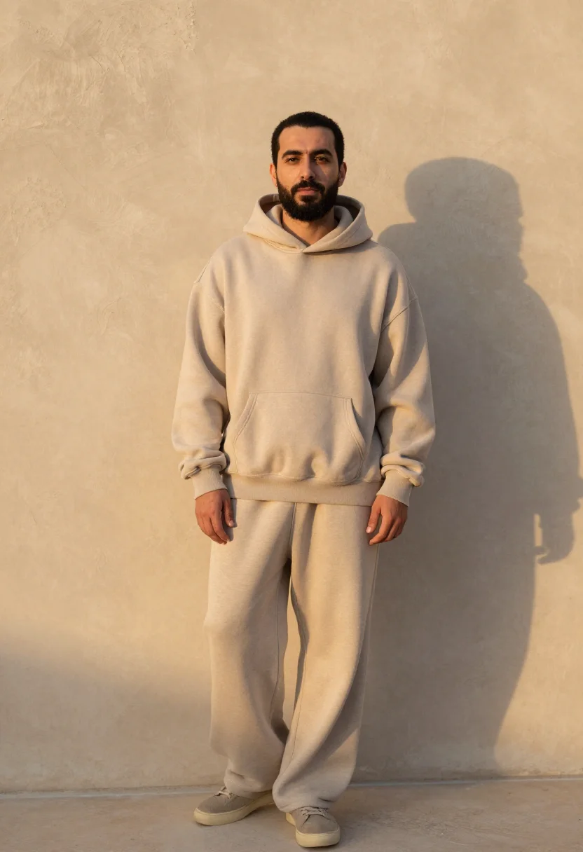 AI fear of god los angeles essentials oatmeal men sample — portrait of a man, an Armenian-American man in his mid-thirt