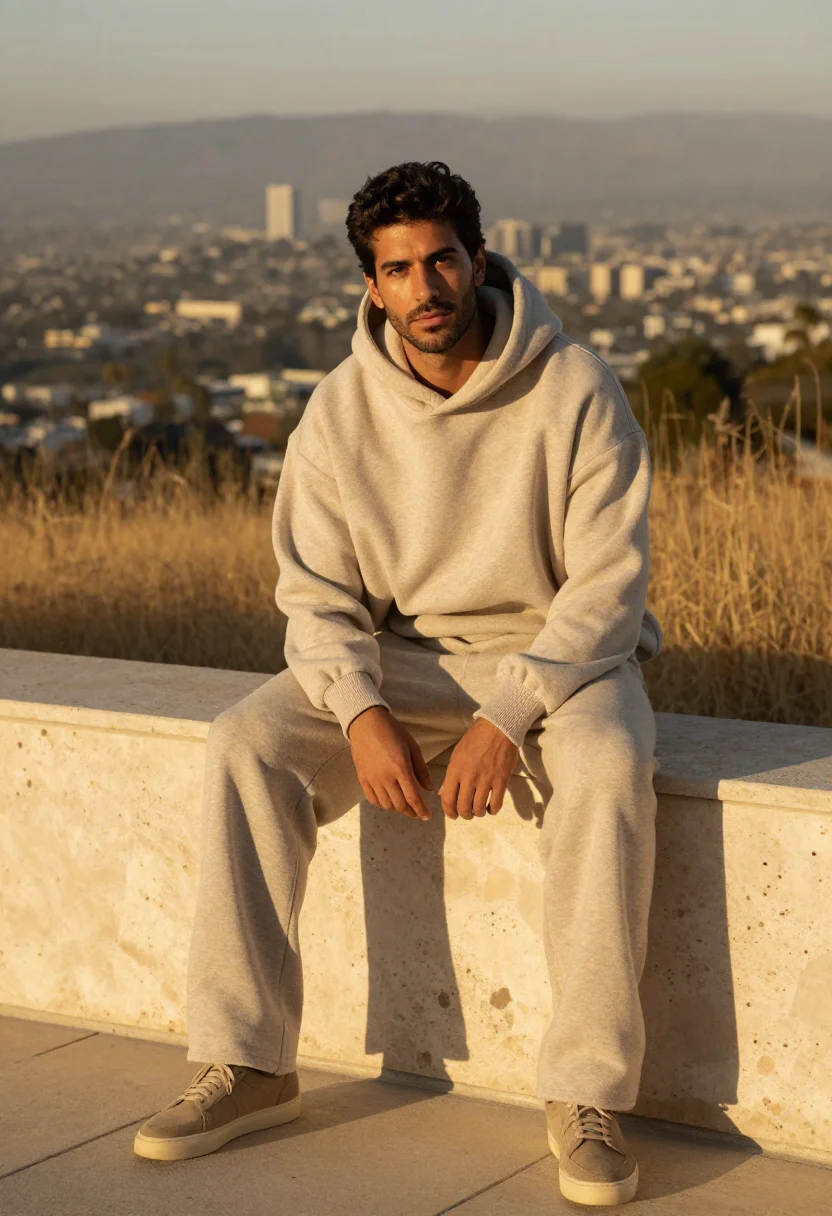 AI fear of god los angeles essentials oatmeal men sample — portrait of a man, an Italian-American man in his late thirt