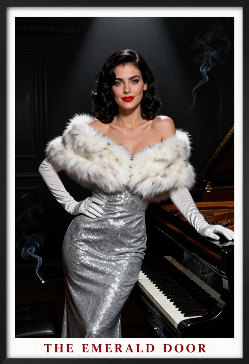 AI femme fatale one sheet sample — portrait of a woman, half-length portrait of a woman in her
