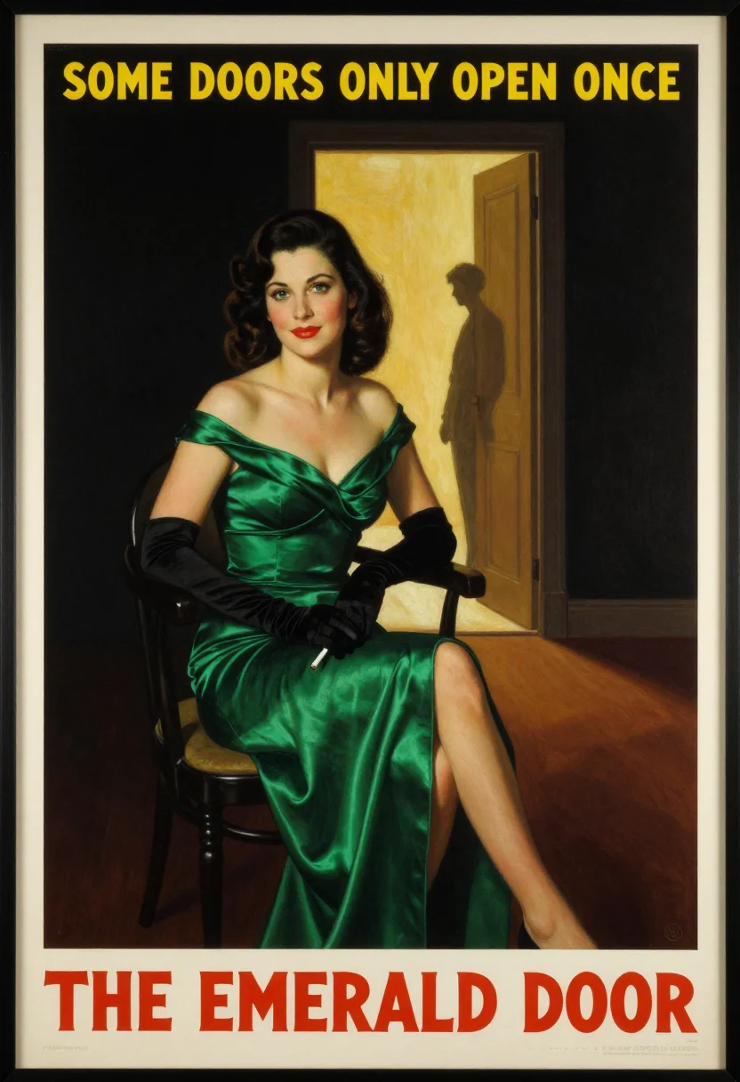 AI femme fatale one sheet sample — portrait of a woman, three-quarter-length portrait of a woma