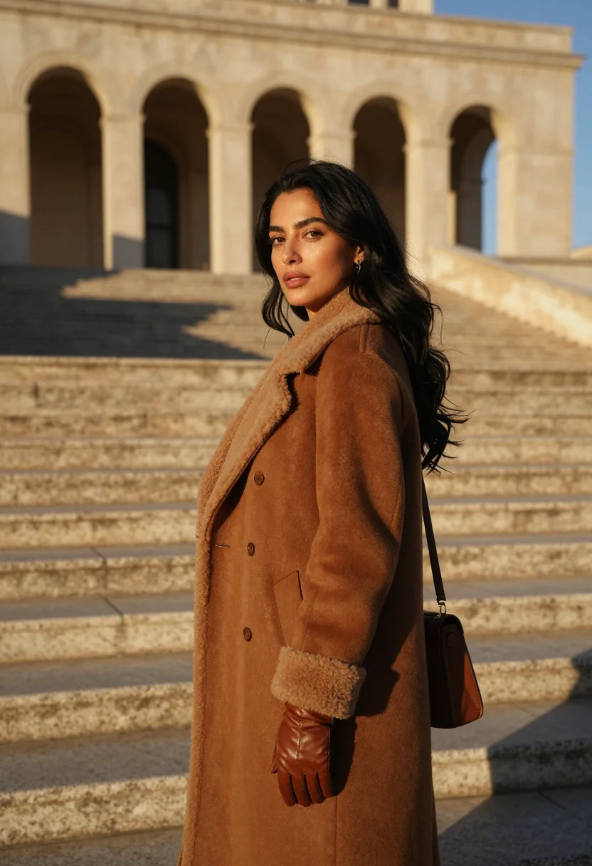 AI fendi roma shearling tobacco sample — portrait of a woman, framed tight, head and shoulders, the b