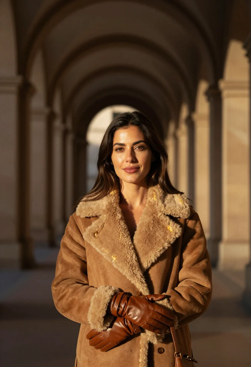 AI fendi roma shearling tobacco sample — portrait of a woman, framed chest-up, the crop at the lower
