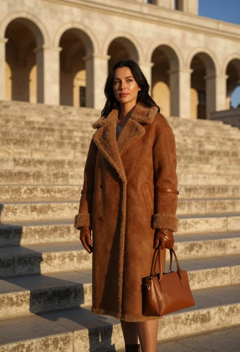AI fendi roma shearling tobacco sample — portrait of a woman, framed three-quarter length from the cr