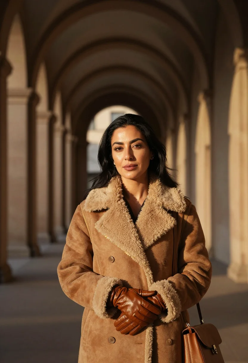 AI fendi roma shearling tobacco sample — portrait of a woman, framed half-length from the crown to th