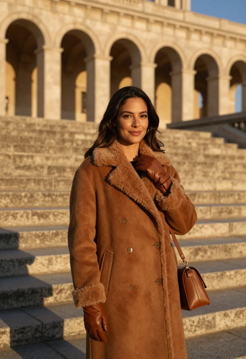 AI fendi roma shearling tobacco sample — portrait of a woman, framed chest-up, the crop at the lower
