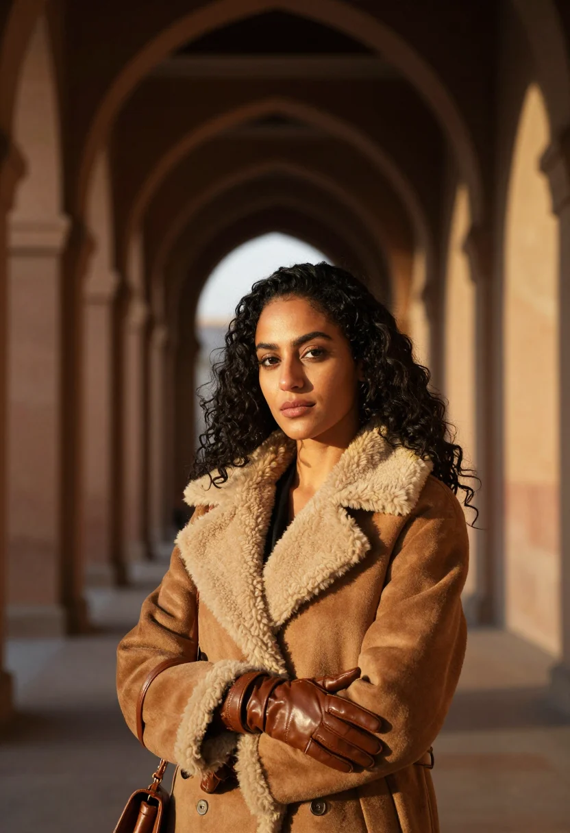 AI fendi roma shearling tobacco sample — portrait of a woman, framed tight, head and shoulders, the b