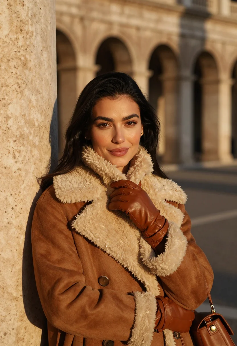 AI fendi roma shearling tobacco sample — portrait of a woman, framed chest-up, the crop at the lower