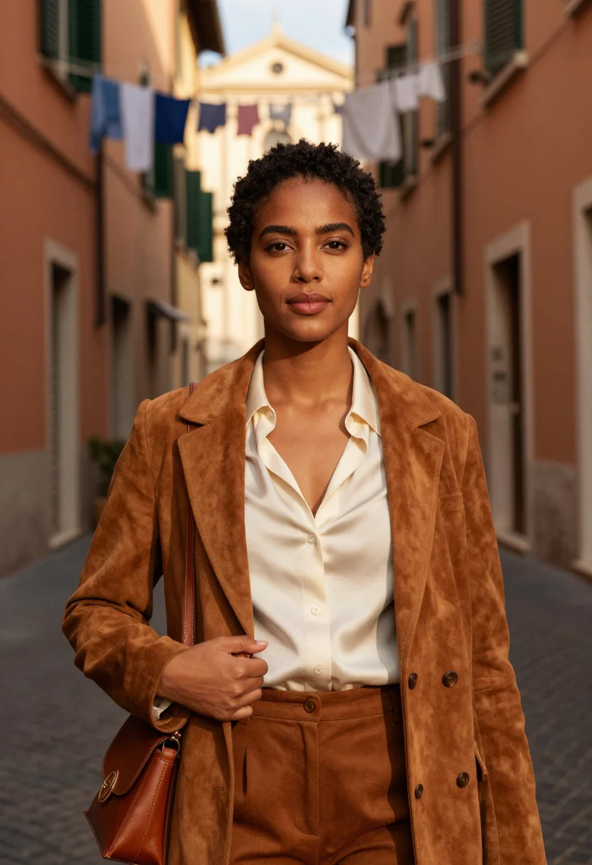 AI fendi trastevere baguette selleria tobacco sample — portrait of a woman, a Black Italian woman in her early thir