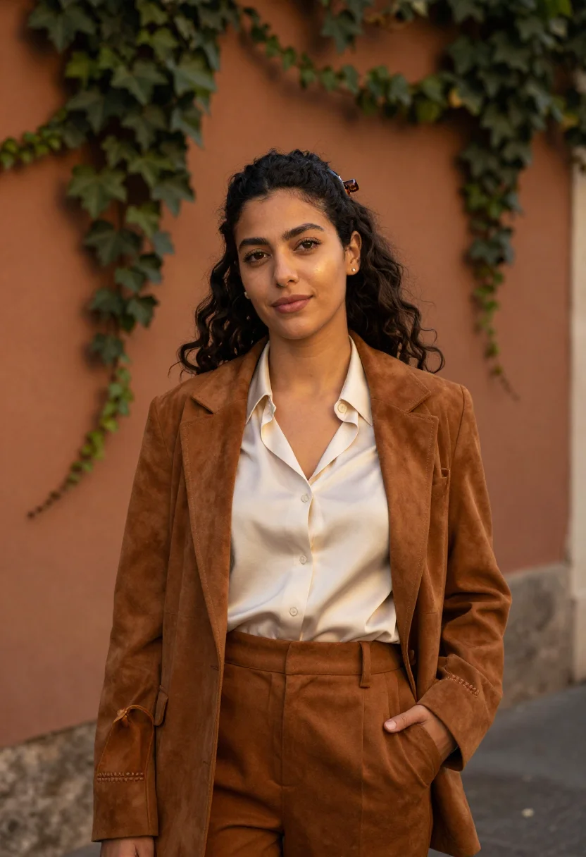 AI fendi trastevere baguette selleria tobacco sample — portrait of a woman, a Tunisian woman in her early thirties