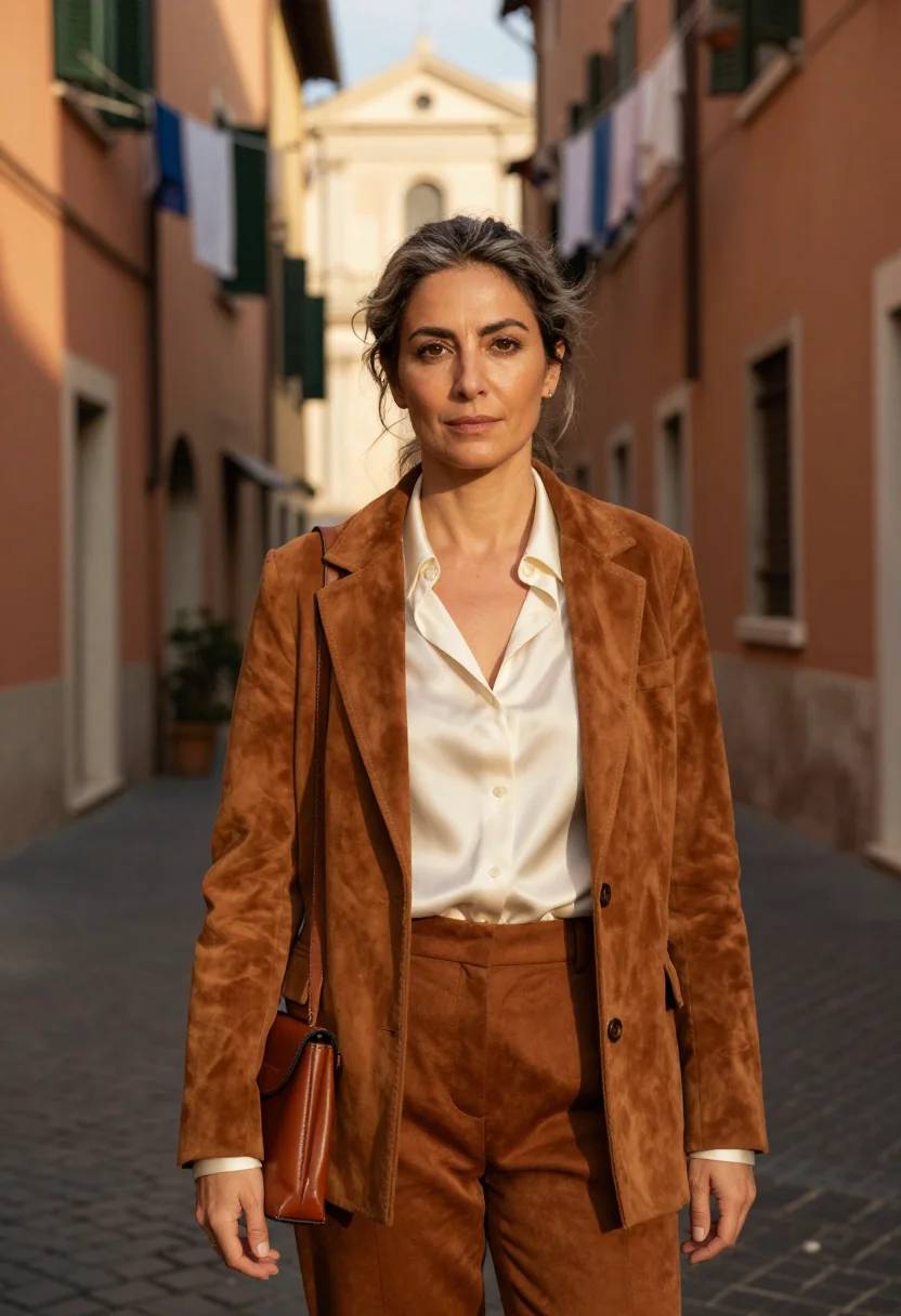 AI fendi trastevere baguette selleria tobacco sample — portrait of a woman, an Italian woman in her late forties wi