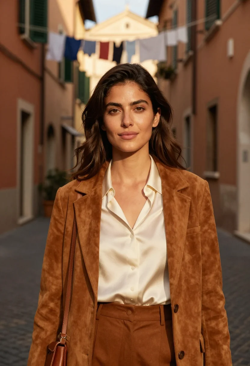 AI fendi trastevere baguette selleria tobacco sample — portrait of a woman, a Greek woman in her mid-twenties with