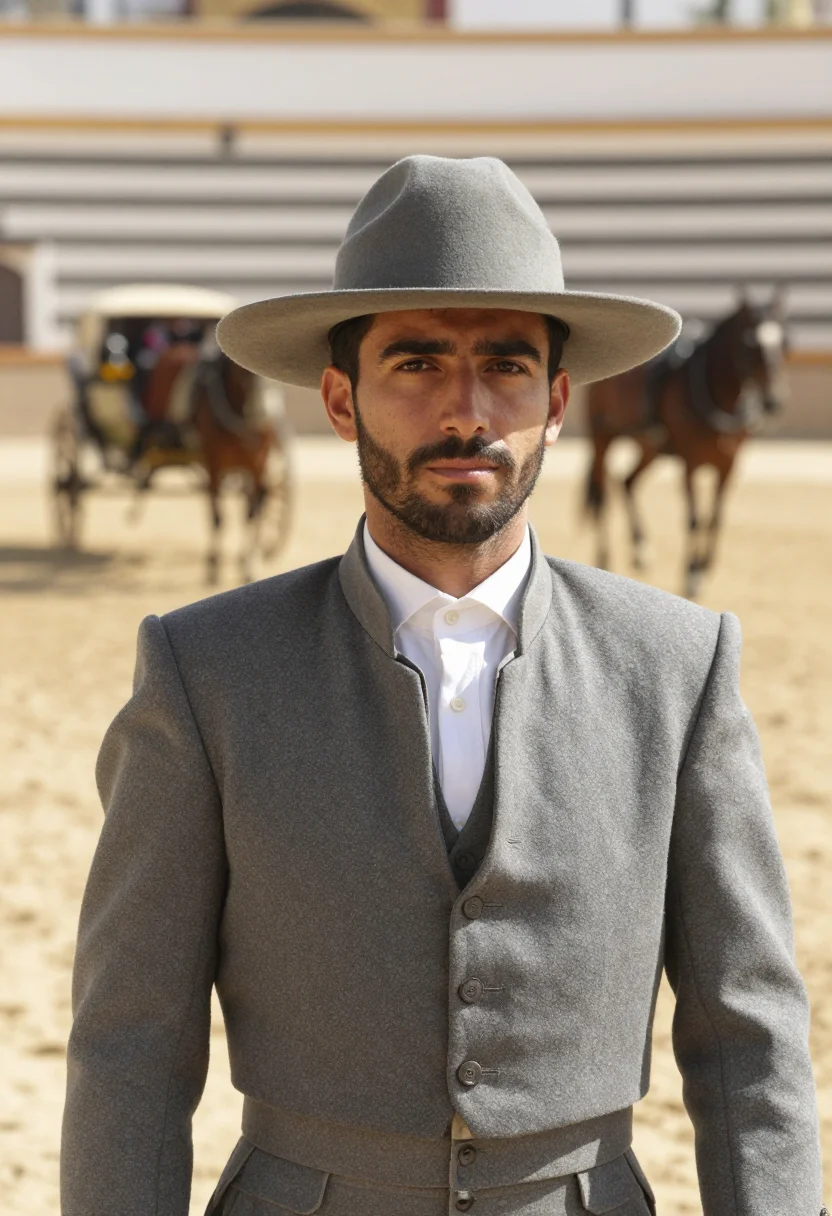 AI feria de abril seville traje corto caseta sample — portrait of a man, a rider, an Andalusian man in his mid-thi