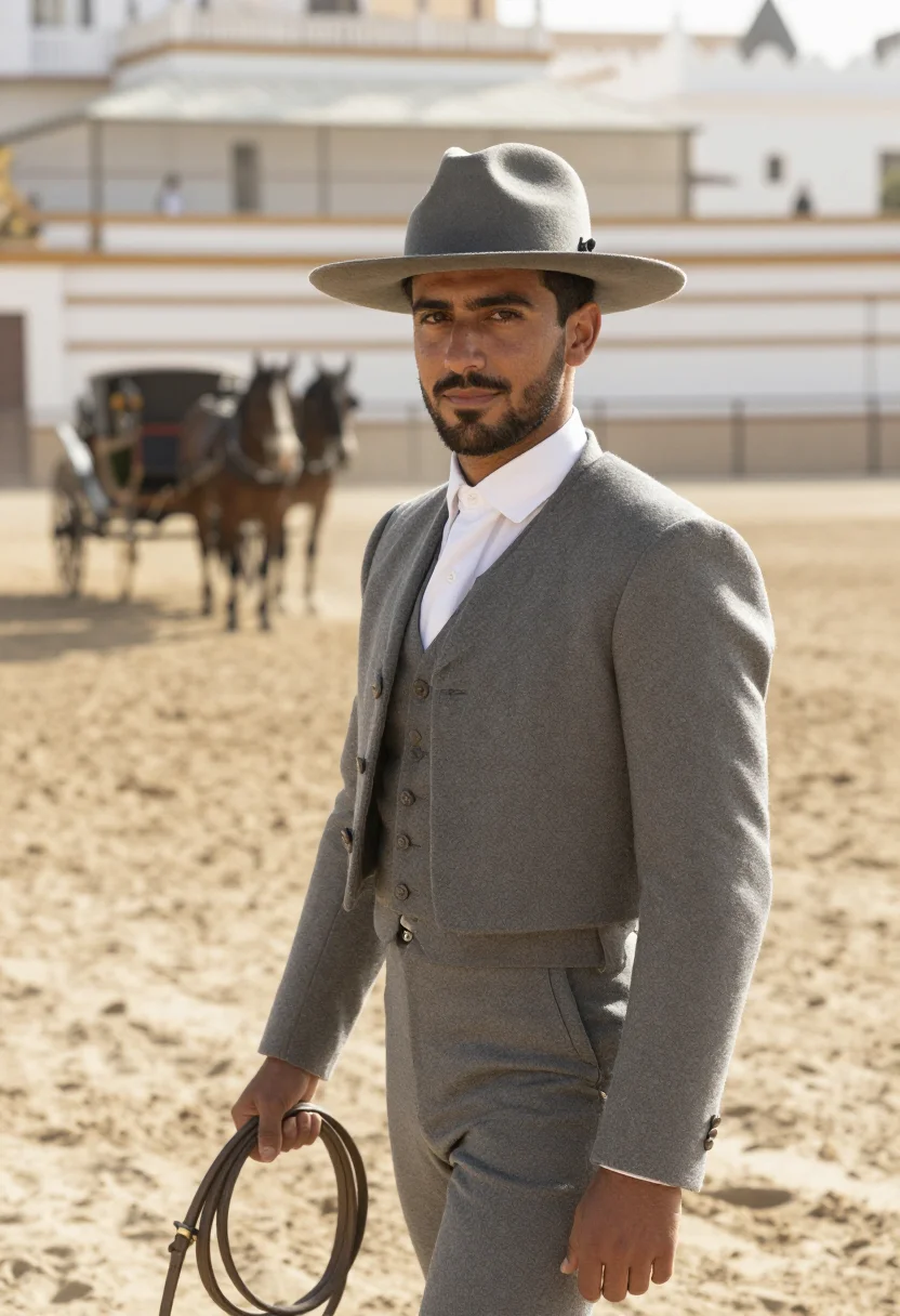AI feria de abril seville traje corto caseta sample — portrait of a man, a rider, an Andalusian man in his mid-thi
