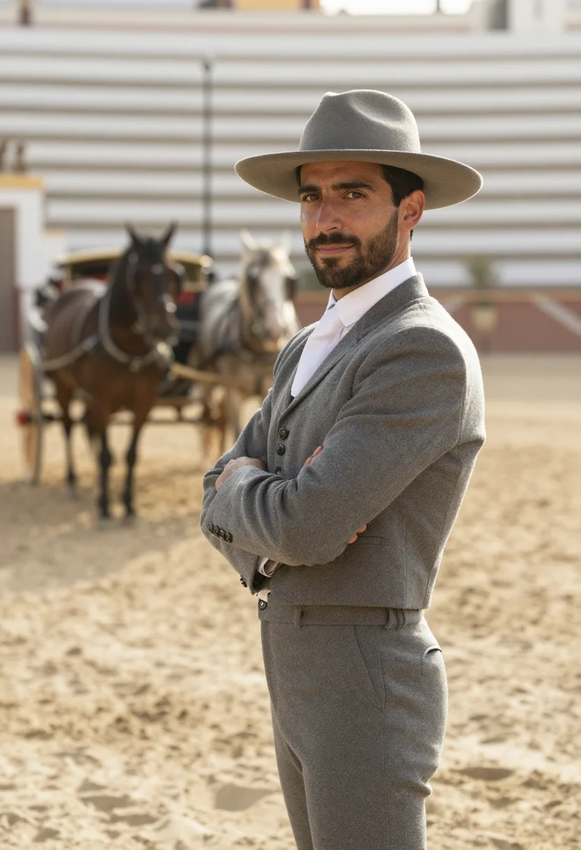 AI feria de abril seville traje corto caseta sample — portrait of a man, a rider, an Andalusian man in his mid-thi