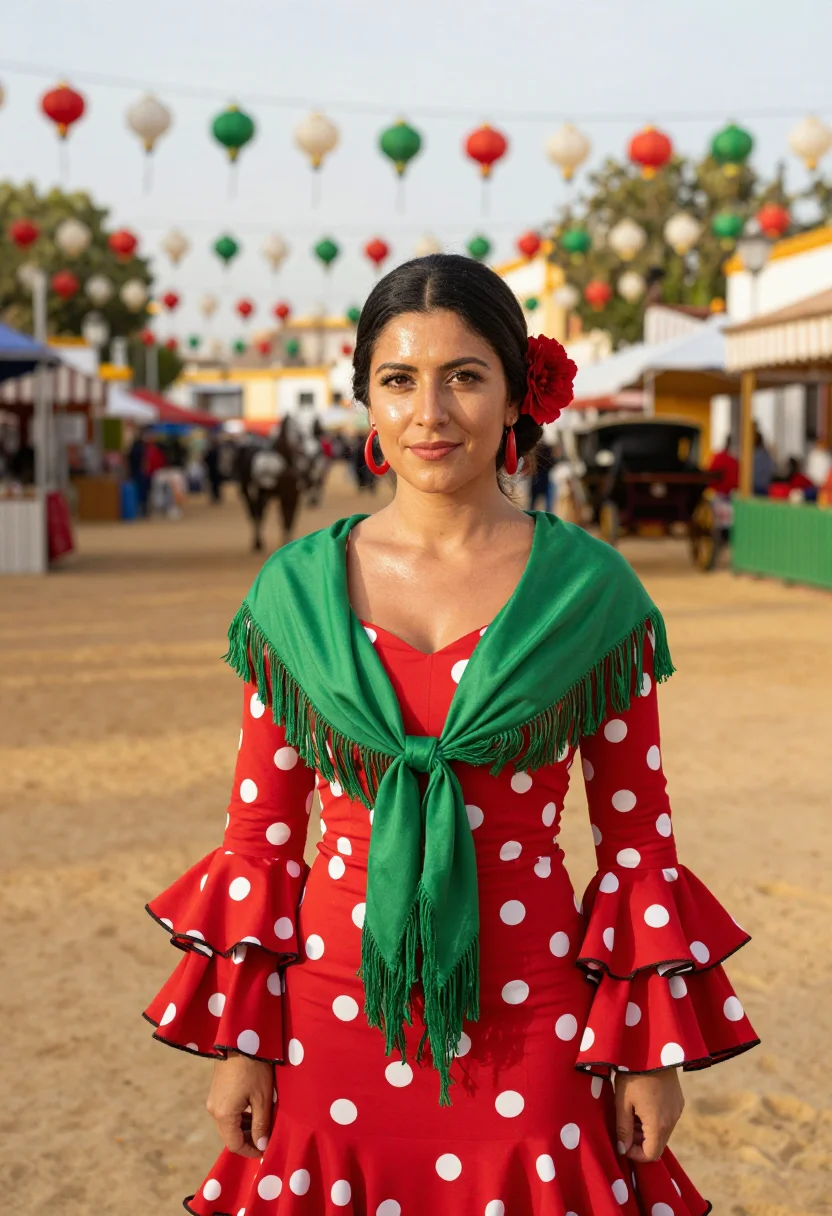 AI feria de abril seville traje de flamenca palette sample — portrait of a woman, a feria-goer, an Andalusian woman in he