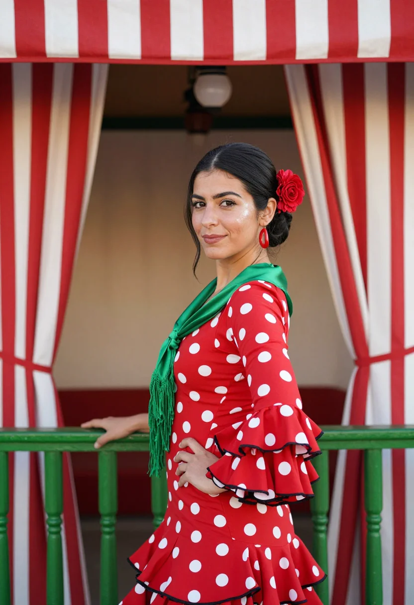 AI feria de abril seville traje de flamenca palette sample — portrait of a woman, a feria-goer, an Andalusian woman in he