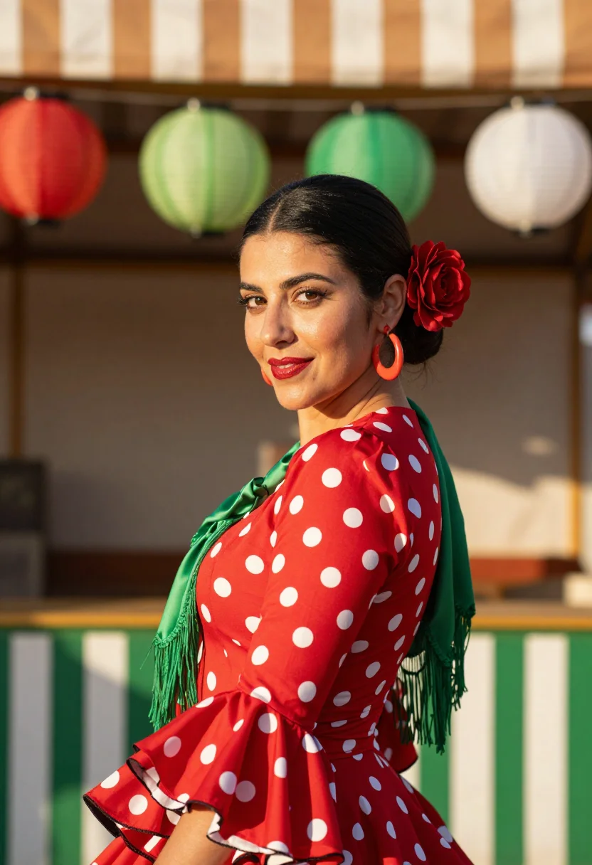 AI feria de abril seville traje de flamenca palette sample — portrait of a woman, a feria-goer, an Andalusian woman in he