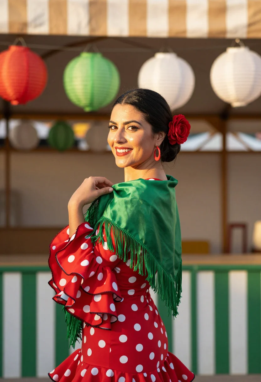 AI feria de abril seville traje de flamenca palette sample — portrait of a woman, a feria-goer, an Andalusian woman in he