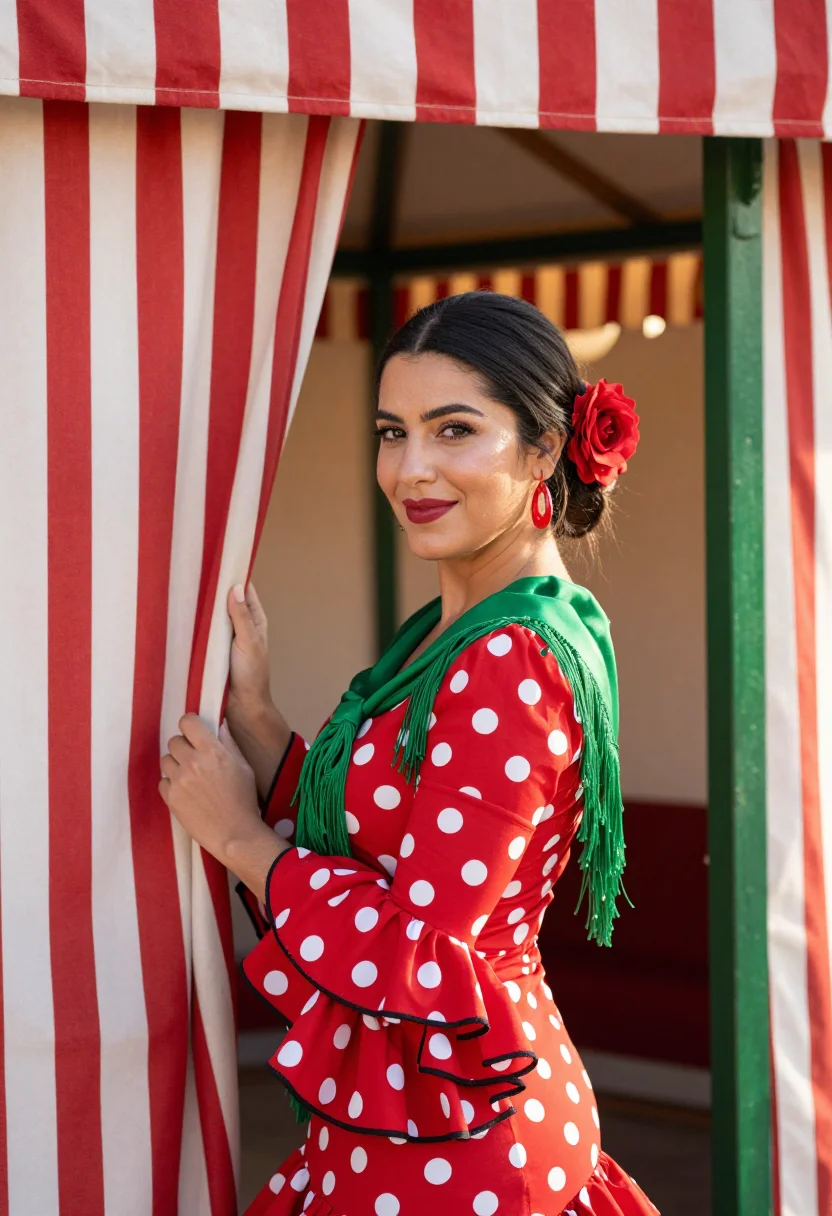 AI feria de abril seville traje de flamenca palette sample — portrait of a woman, a feria-goer, an Andalusian woman in he