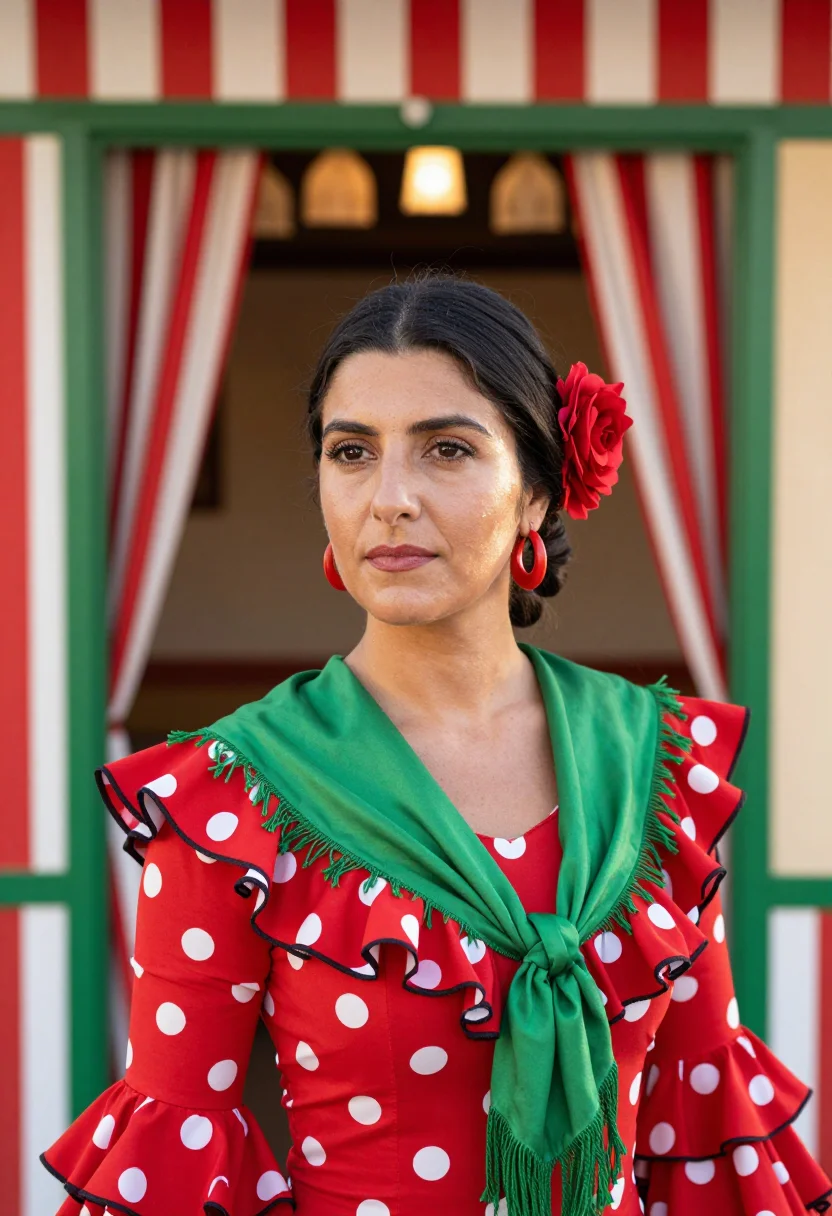 AI feria de abril seville traje de flamenca palette sample — portrait of a woman, a feria-goer, an Andalusian woman in he
